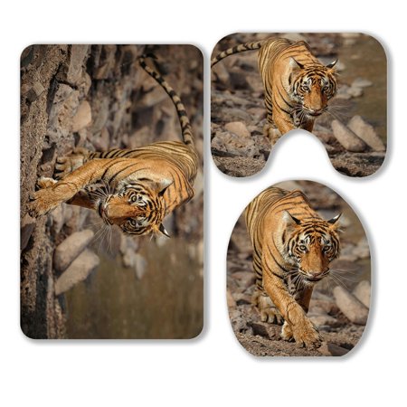 ABPHQTO Tiger In The Nature Habitat 3 Piece Bathroom Rugs Set Bath Rug Contour Mat and Toilet Lid Cover