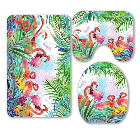 ABPHQTO Tropical Exotic Bird Leaves Flowers Summer Floral 3 Piece Bathroom Rugs Set Bath Rug Contour Mat and Toilet Lid Cover