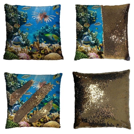 ABPHQTO Tropical Fish On A Coral Reef Reversible Mermaid Sequin Pillow Case Home Decor Cushion Cover 16x16 Inch