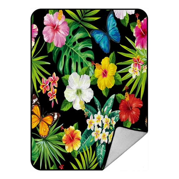 ABPHQTO Tropical Flowers Leaves Butterflies Fleece Blanket Fleece Back Throw Blanket 58x80inch