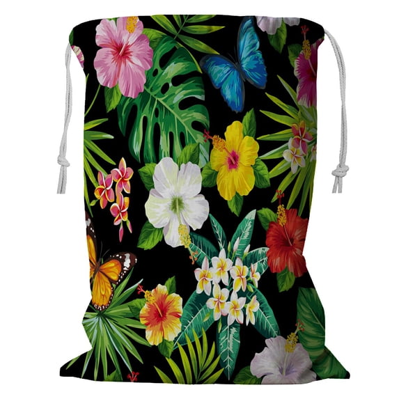 ABPHQTO Tropical Flowers Leaves Butterflies Storage Basket Laundry Bag with Drawstring 18x24 Inch