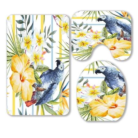 ABPHQTO Tropical Hibiscus Flower Plumeria Parrot African 3 Piece Bathroom Rugs Set Bath Rug Contour Mat and Toilet Lid Cover