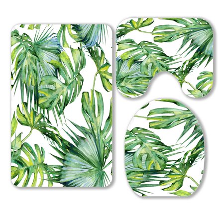 ABPHQTO Tropical Leaves Dense Jungle Hand Painted Banner 3 Piece Bathroom Rugs Set Bath Rug Contour Mat and Toilet Lid Cover