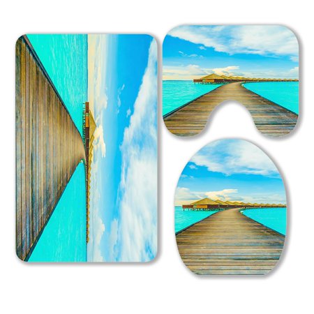 ABPHQTO Tropical Maldives Resort Hotel Island Beach Sea Sky 3 Piece Bathroom Rugs Set Bath Rug Contour Mat and Toilet Lid Cover