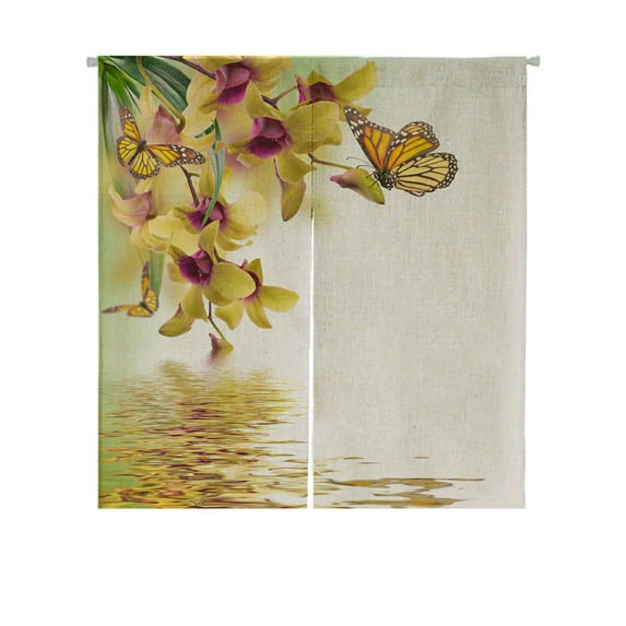 ABPHQTO Tropical Orchids And Butterfly Japanese Noren Curtain Doorway Door Window Treatment Curtains Cotton Linen Curtain 85x120 cm