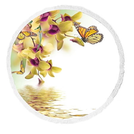 ABPHQTO Tropical Orchids And Butterfly Round Beach Blanket with Tassels Beach Throw Towel Yoga Mat Picnic Blanket