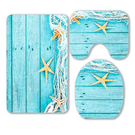 ABPHQTO Turquoise Fishing Net Starfish Rustic Wooden Boards 3 Piece Bathroom Rugs Set Bath Rug Contour Mat and Toilet Lid Cover
