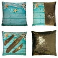 thumbnail image 1 of ABPHQTO Turquoise Fishing Net Starfish Rustic Wooden Boards Reversible Mermaid Sequin Pillow Case Home Decor Cushion Cover 16x16 Inch, 1 of 2