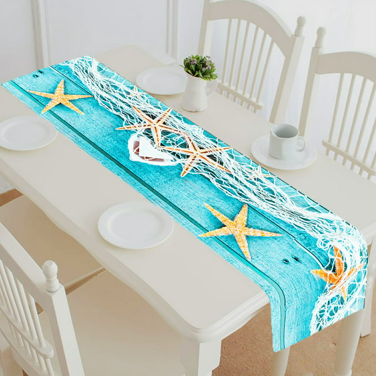 ABPHQTO Turquoise Fishing Net Starfish Rustic Wooden Boards Table