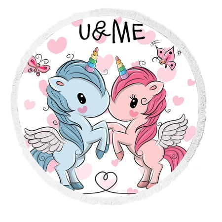 ABPHQTO Two Cute Unicorns On A Hearts Round Beach Blanket with Tassels Beach Throw Towel Yoga Mat Picnic Blanket