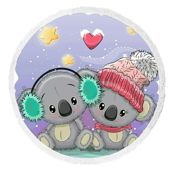 ABPHQTO Two Koalas In Hats Round Beach Blanket with Tassels Beach Throw Towel Yoga Mat Picnic Blanket