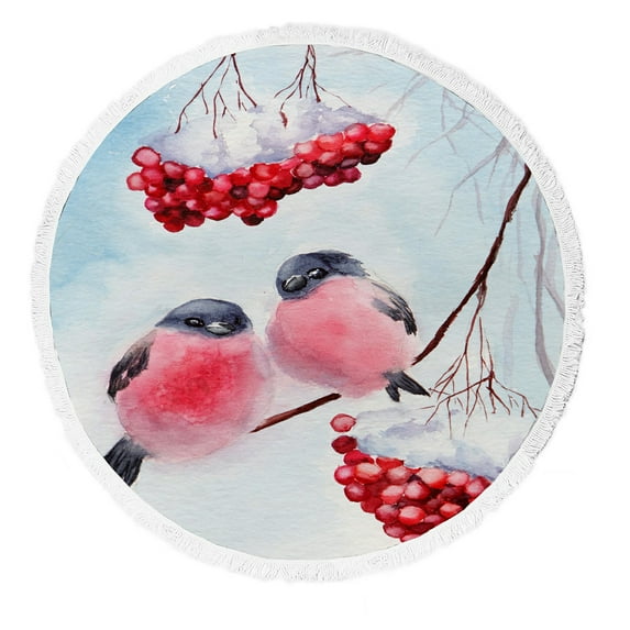 ABPHQTO Two Winter Birds Bullfinch Branch Round Beach Blanket with Tassels Beach Throw Towel Yoga Mat Picnic Blanket