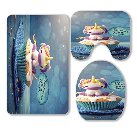 ABPHQTO Unicorn Cupcakes For A Party 3 Piece Bathroom Rugs Set Bath Rug Contour Mat and Toilet Lid Cover