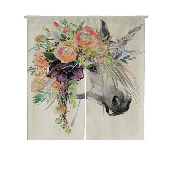 ABPHQTO Unicorn White Horse In Flower Wreath Japanese Noren Curtain Doorway Door Window Treatment Curtains Cotton Linen Curtain 105x120 cm