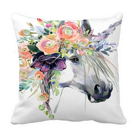 ABPHQTO Unicorn White Horse In Flower Wreath Pillow Case Pillow Cover Pillow Protector Two Sides For Couch Bed 20x20 Inch