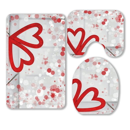 ABPHQTO Valentine Day Hearts On White Wooden 3 Piece Bathroom Rugs Set Bath Rug Contour Mat and Toilet Lid Cover