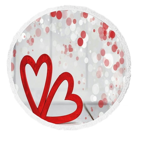 ABPHQTO Valentine Day Hearts On White Wooden Round Beach Blanket with Tassels Beach Throw Towel Yoga Mat Picnic Blanket