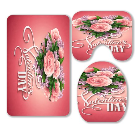 ABPHQTO Valentines Day Heart Flowers 3 Piece Bathroom Rugs Set Bath Rug Contour Mat and Toilet Lid Cover