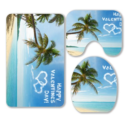 ABPHQTO Valentines Day Tropical Beach Coconut Palm Trees 3 Piece Bathroom Rugs Set Bath Rug Contour Mat and Toilet Lid Cover