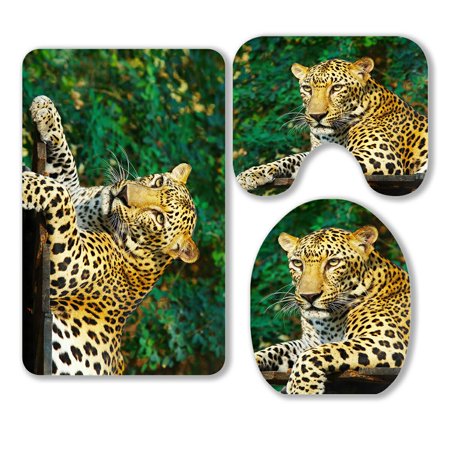 ABPHQTO View Nice Leopard Cat 3 Piece Bathroom Rugs Set Bath Rug Contour Mat and Toilet Lid Cover