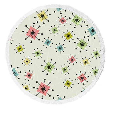 ABPHQTO Vintage Atomic Stars Boomerangs Round Beach Blanket with Tassels Beach Throw Towel Yoga Mat Picnic Blanket