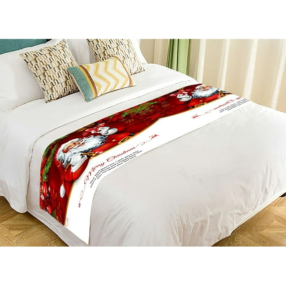 ABPHQTO Vintage Christmas Santa Claus Holding A Present Bed Runner Bedding Scarf Bed Decoration 20x95 inch