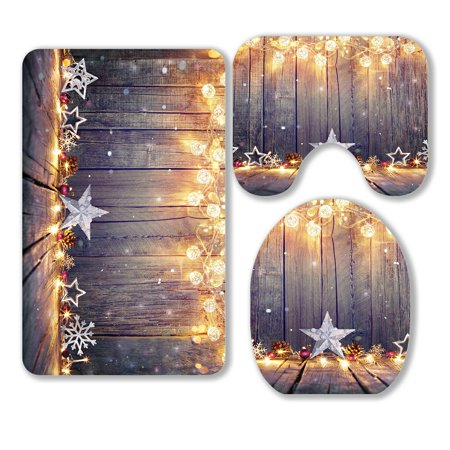 ABPHQTO Vintage Christmas Stars Lights Wooden Table 3 Piece Bathroom Rugs Set Bath Rug Contour Mat and Toilet Lid Cover