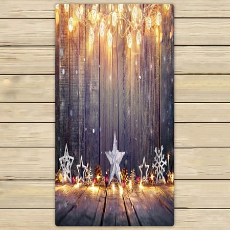 ABPHQTO Vintage Christmas Stars Lights Wooden Table Towels Beach Bath Pool Sprot Travel Hand Spa Towel 30x56 Inch