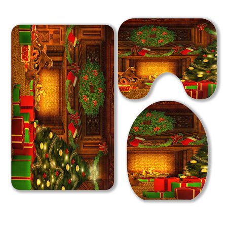 ABPHQTO Vintage Christmas Tree Gift Box Rocking Horse 3 Piece Bathroom Rugs Set Bath Rug Contour Mat and Toilet Lid Cover