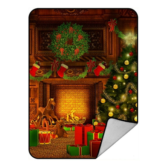 ABPHQTO Vintage Christmas Tree Gift Box Rocking Horse Fleece Blanket Fleece Back Throw Blanket 58x80 Inch