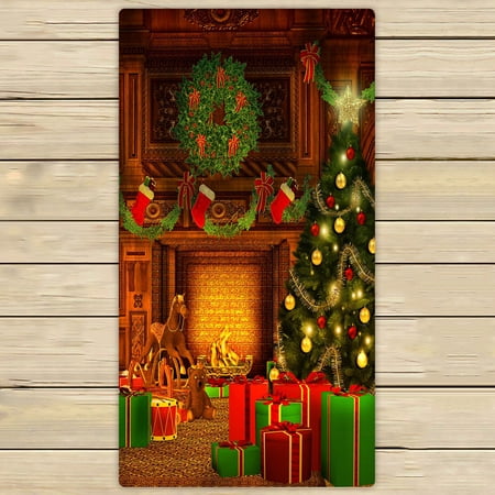 ABPHQTO Vintage Christmas Tree Gift Box Rocking Horse Towels Beach Bath Pool Sprot Travel Hand Spa Towel 30x56 Inch