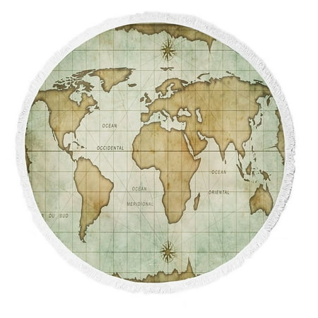 ABPHQTO Vintage Old World Map Round Beach Blanket with Tassels Beach Throw Towel Yoga Mat Picnic Blanket