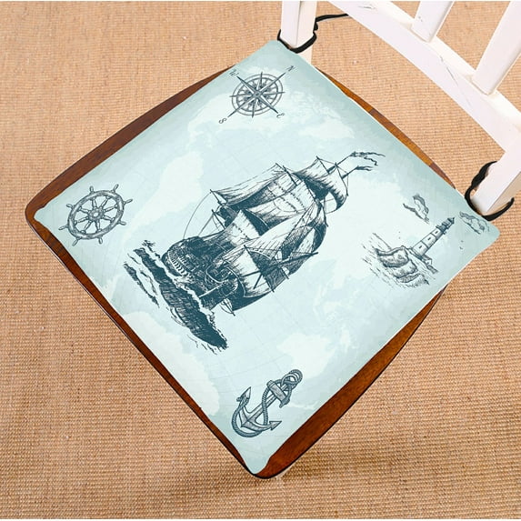 ABPHQTO Vintage Sailing Ship Lighthouse Ship Wheel Anchor World Map Chair Pad Seat Cushion Chair Cushion Floor Cushion Two Sides Printing 18x18 Inch