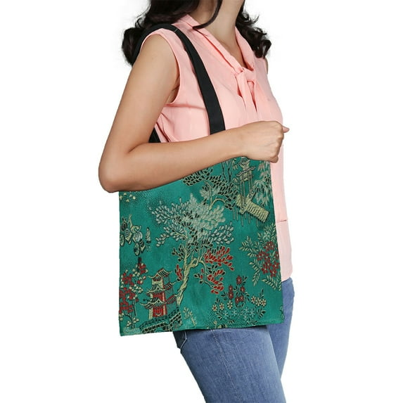 ABPHQTO Vintage Traditional Oriental Silk Embroidery Canvas Bag Reusable Tote Grocery Shopping Bags Tote Bag 14x16 inch