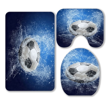 ABPHQTO Water Drops Around Soccer Ball On Blue 3 Piece Bathroom Rugs Set Bath Rug Contour Mat and Toilet Lid Cover
