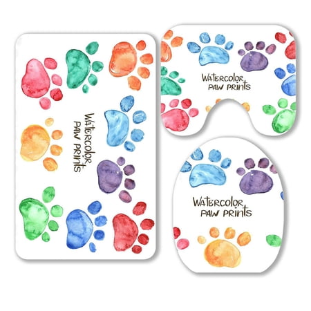 ABPHQTO Watercolor Animal Footprints 3 Piece Bathroom Rugs Set Bath Rug Contour Mat and Toilet Lid Cover