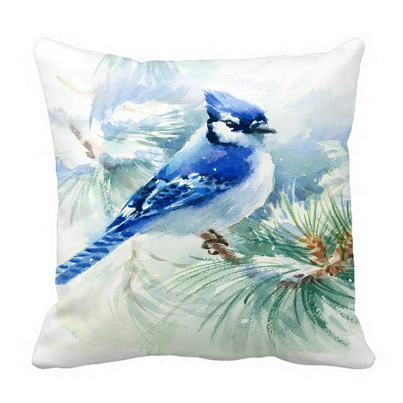 ABPHQTO Watercolor Bird Blue Jay Winter Christmas Pillow Case Pillow Cover Pillow Protector Two Sides For Couch Bed 18x18 Inch