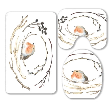 ABPHQTO Watercolor Branches Bird Robin 3 Piece Bathroom Rugs Set Bath Rug Contour Mat and Toilet Lid Cover