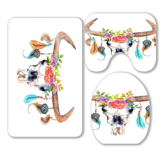 ABPHQTO Watercolor Bull Skull Flowers Feathers 3 Piece Bathroom Rugs Set Bath Rug Contour Mat and Toilet Lid Cover