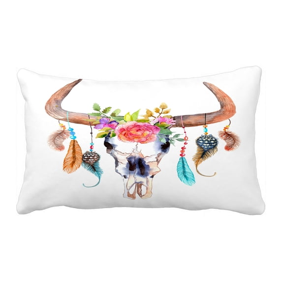 ABPHQTO Watercolor Bull Skull Flowers Feathers Pillow Case Pillow Cover Pillow Protector Two Sides For Couch Bed 20x30 Inch