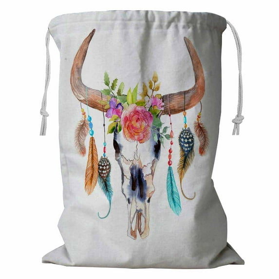 ABPHQTO Watercolor Bull Skull Flowers Feathers Storage Basket Laundry Bag with Drawstring 24x32 Inch