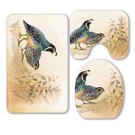 ABPHQTO Watercolor Common Quails 3 Piece Bathroom Rugs Set Bath Rug Contour Mat and Toilet Lid Cover