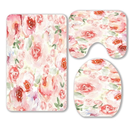 ABPHQTO Watercolor Flower Floral 3 Piece Bathroom Rugs Set Bath Rug Contour Mat and Toilet Lid Cover