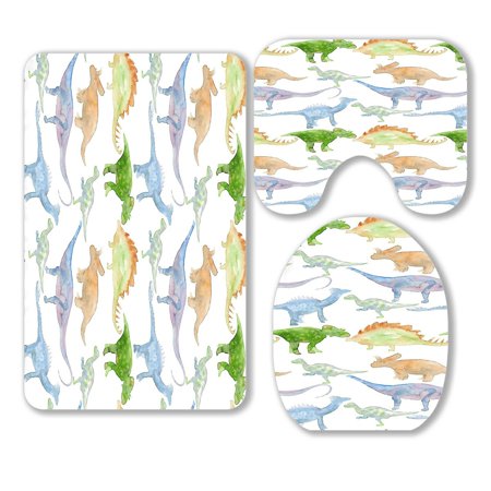 ABPHQTO Watercolor Green Blue Brown Dinosaur Silhouettes 3 Piece Bathroom Rugs Set Bath Rug Contour Mat and Toilet Lid Cover