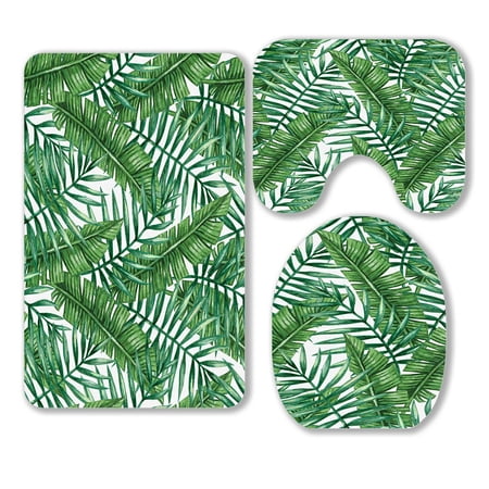 ABPHQTO Watercolor Tropical Palm Leaves 3 Piece Bathroom Rugs Set Bath Rug Contour Mat and Toilet Lid Cover
