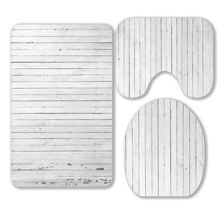 ABPHQTO Weathered White Painted Wood 3 Piece Bathroom Rugs Set Bath Rug Contour Mat and Toilet Lid Cover