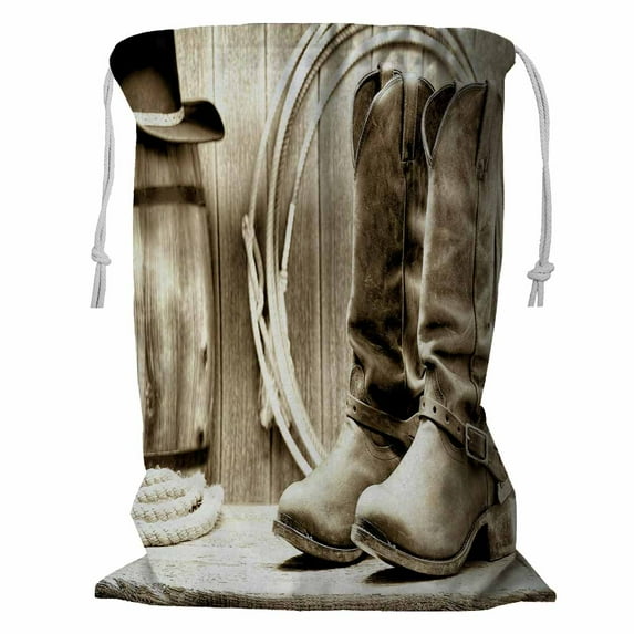 ABPHQTO West Cowboy Leather Rancher Boots Spurs Wood Barn Storage Basket Laundry Bag with Drawstring 18x24 Inch