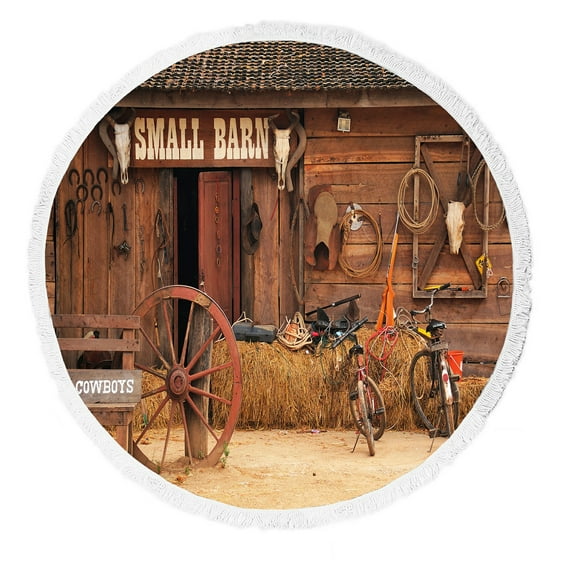 ABPHQTO Western Style Cowboy Home Round Beach Blanket with Tassels Beach Throw Towel Yoga Mat Picnic Blanket