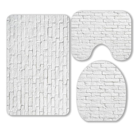ABPHQTO White Brick Wall 3 Piece Bathroom Rugs Set Bath Rug Contour Mat and Toilet Lid Cover