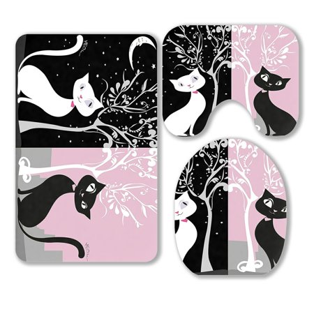 ABPHQTO White Cat Black Night Sky Day City Stars Moon Tree 3 Piece Bathroom Rugs Set Bath Rug Contour Mat and Toilet Lid Cover